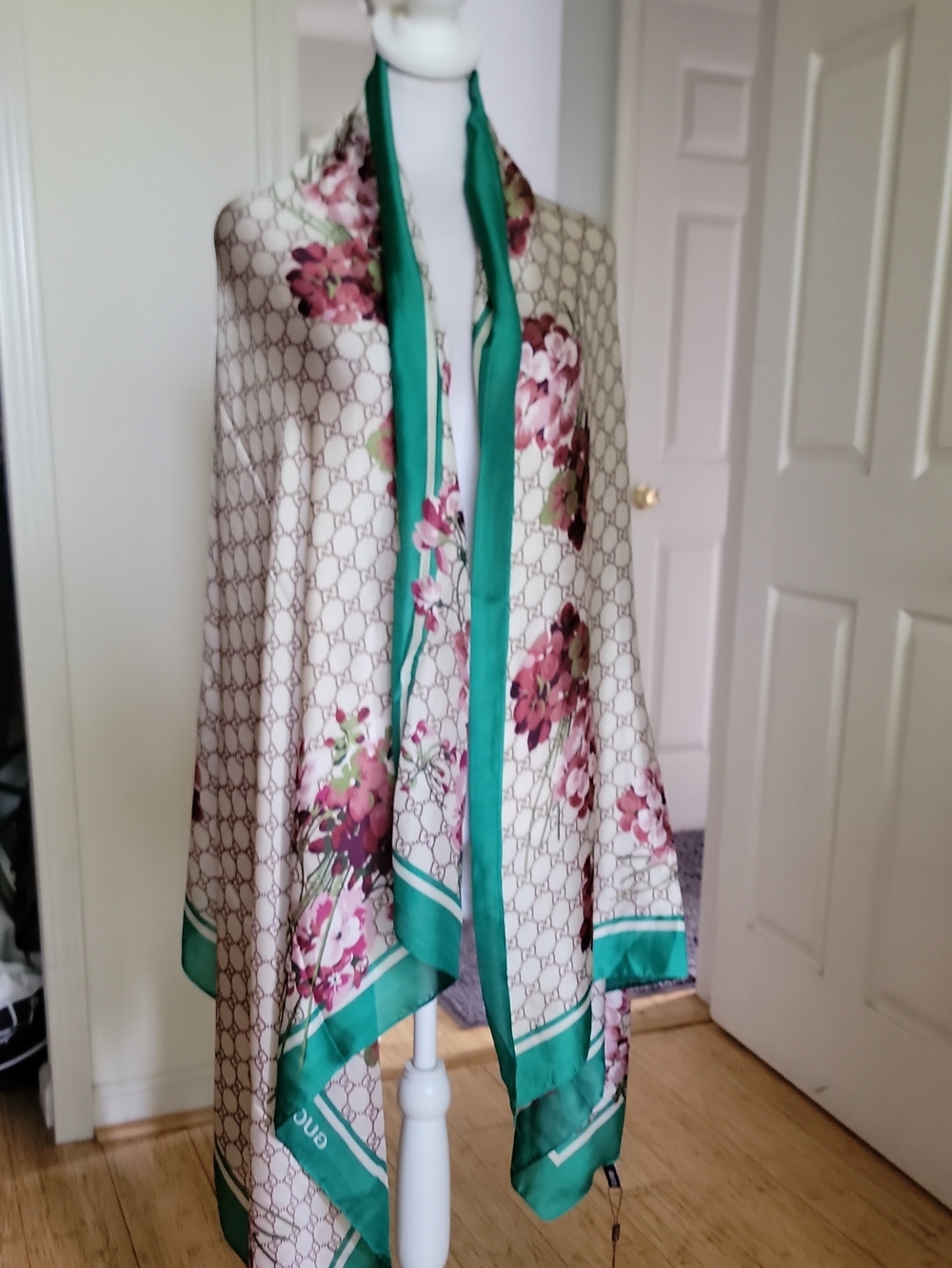 Inspired Monogram Silk Shawl in Cream, Green and Pink